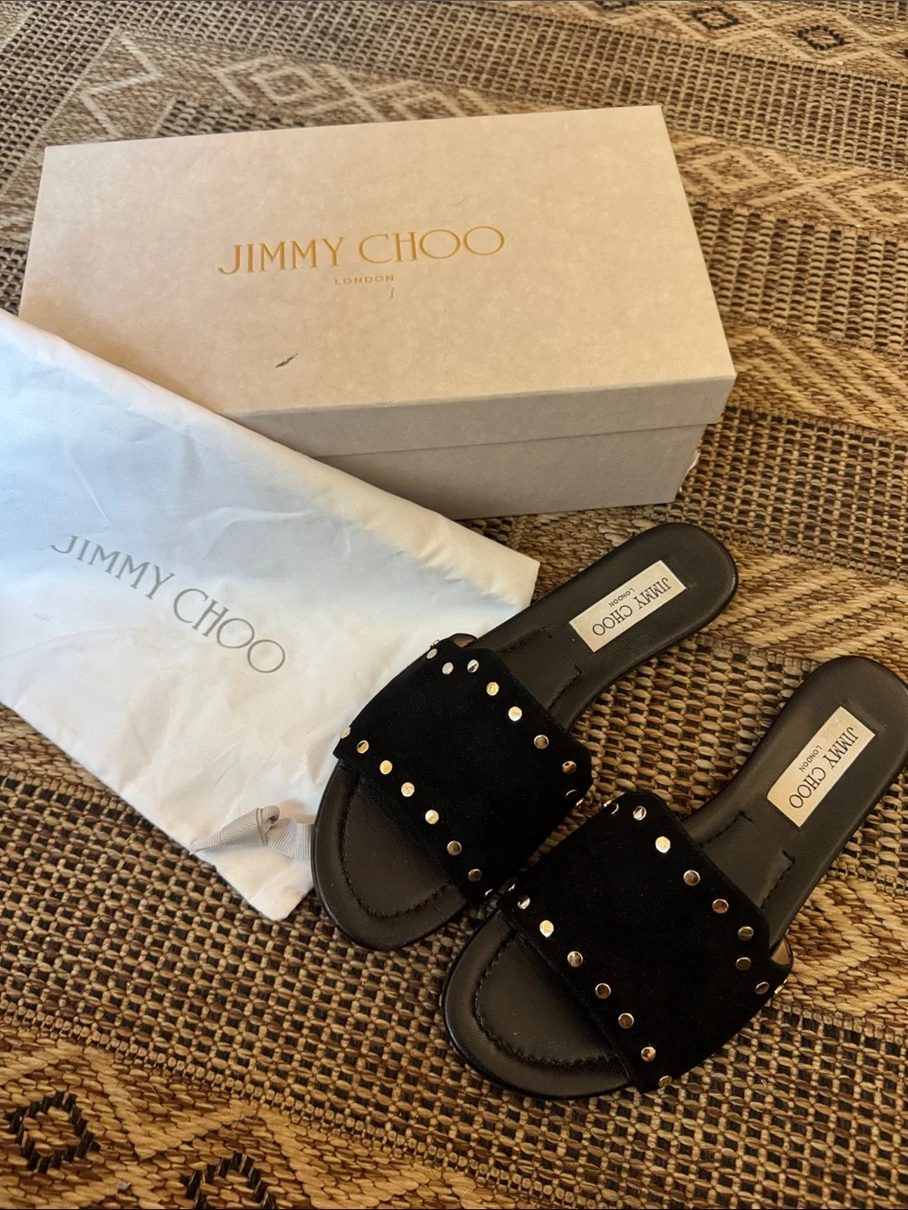 JIMMY CHOO Nanda Studded Slide Suede Flat Sandal Black Gold Size 38 (8)